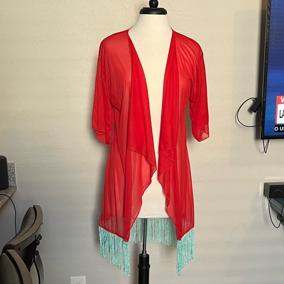 NWT Lularoe Monroe Fringe Coverup Kimono Red Turquoise Cover up Size Small S - Picture 1 of 1